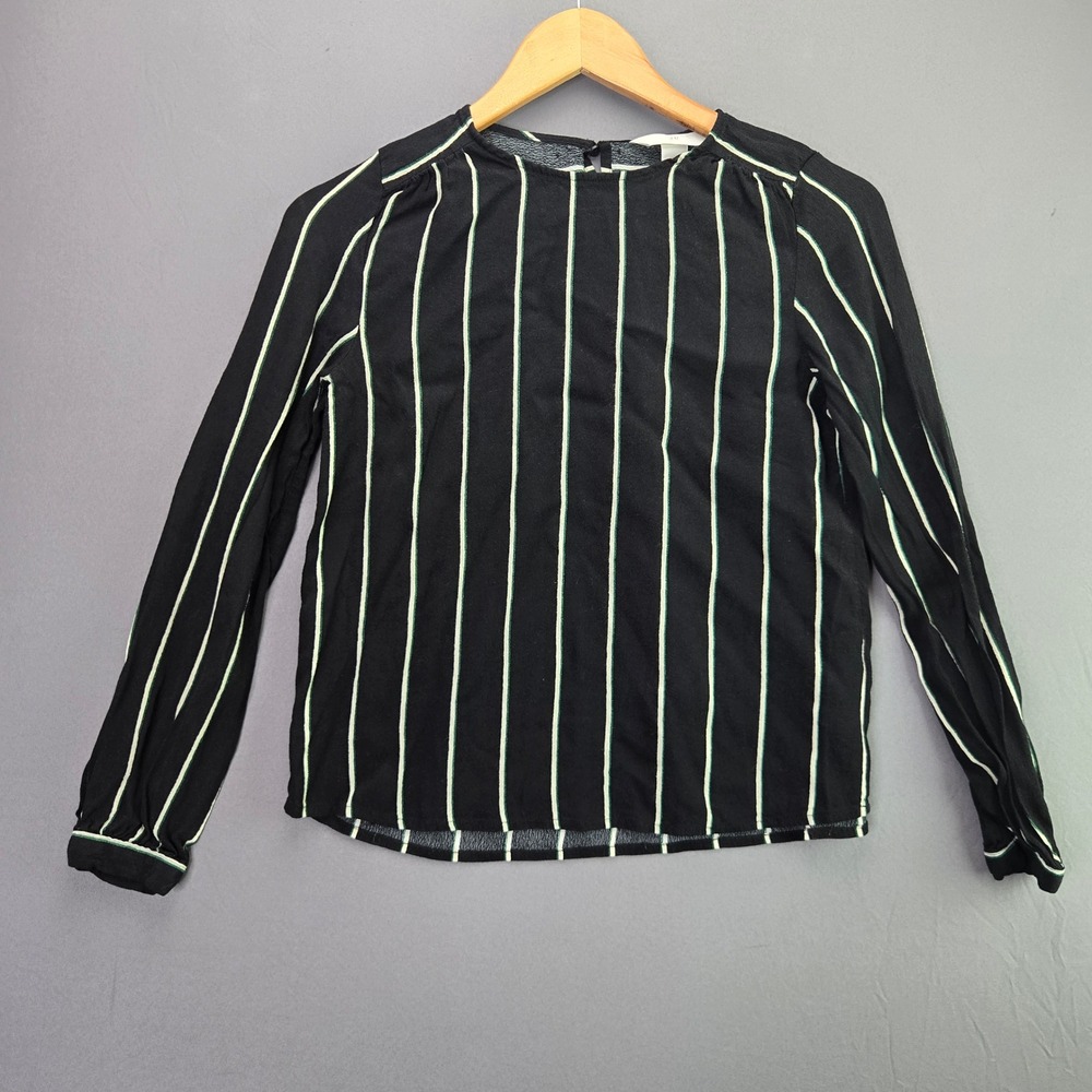 H&M Blouse Top Size 0 Black Green White Striped Long Sleeve Pleated Keyhole Back